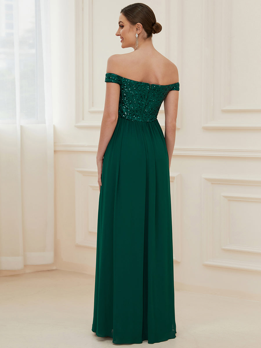 Striped Sequin Sweetheart Floor-Length Evening Dress #color_Dark Green 