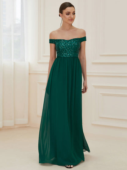 Striped Sequin Sweetheart Floor-Length Evening Dress #color_Dark Green 