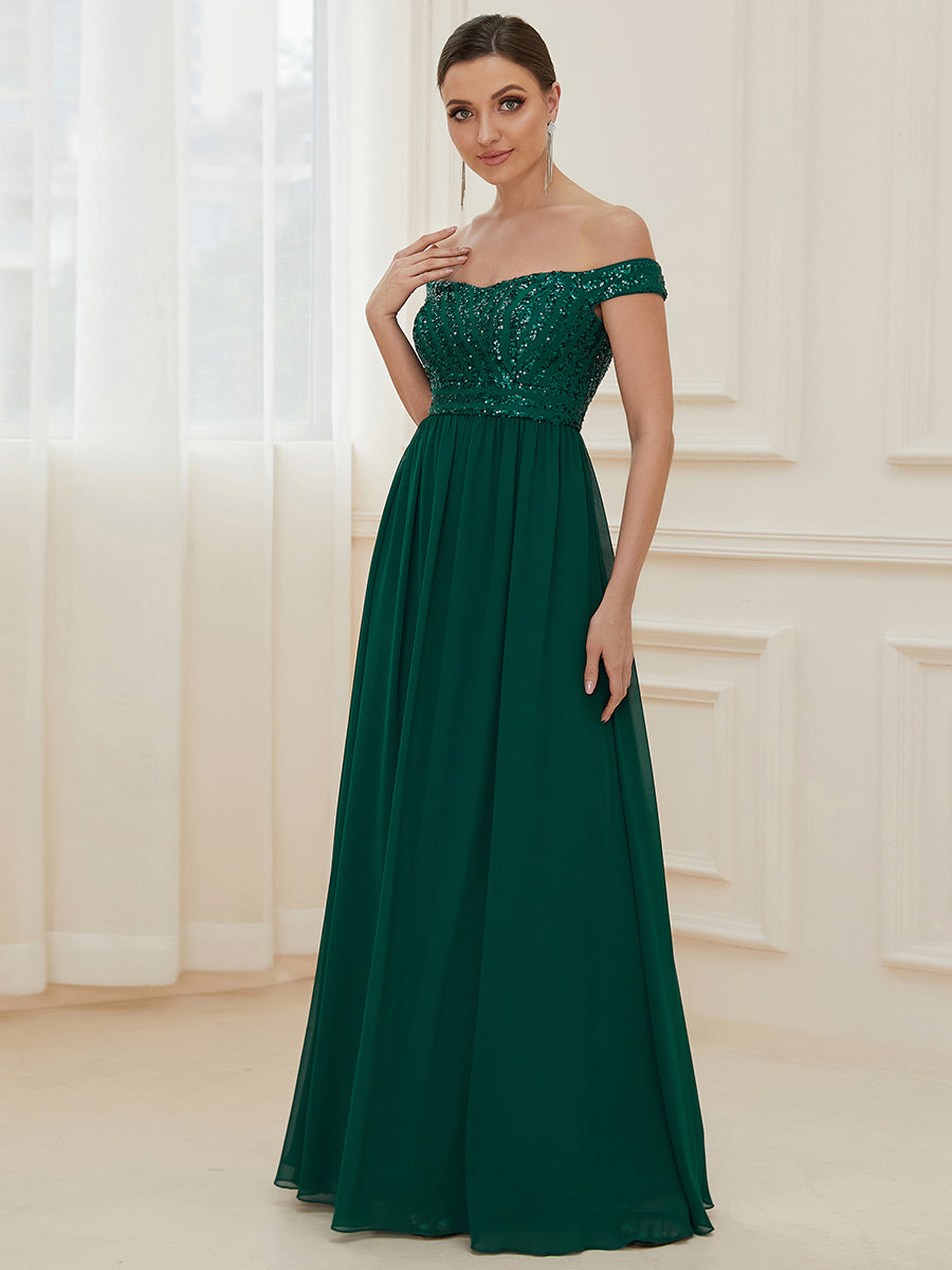 Striped Sequin Sweetheart Floor-Length Evening Dress #color_Dark Green 