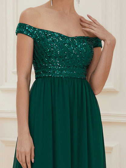 Striped Sequin Sweetheart Floor-Length Evening Dress #color_Dark Green 