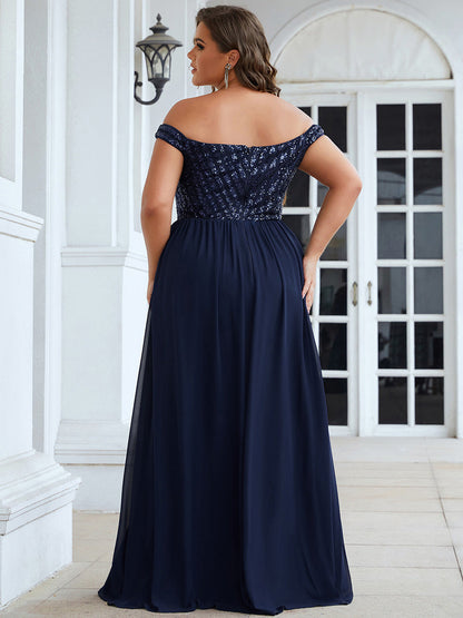 Striped Sequin Sweetheart Floor-Length Evening Dress #color_Navy Blue 