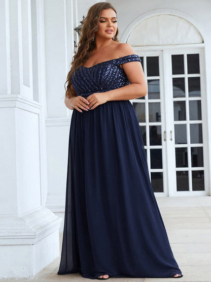 Plus Size Striped Sequin Sweetheart Floor-Length Evening Dress #color_Navy Blue 