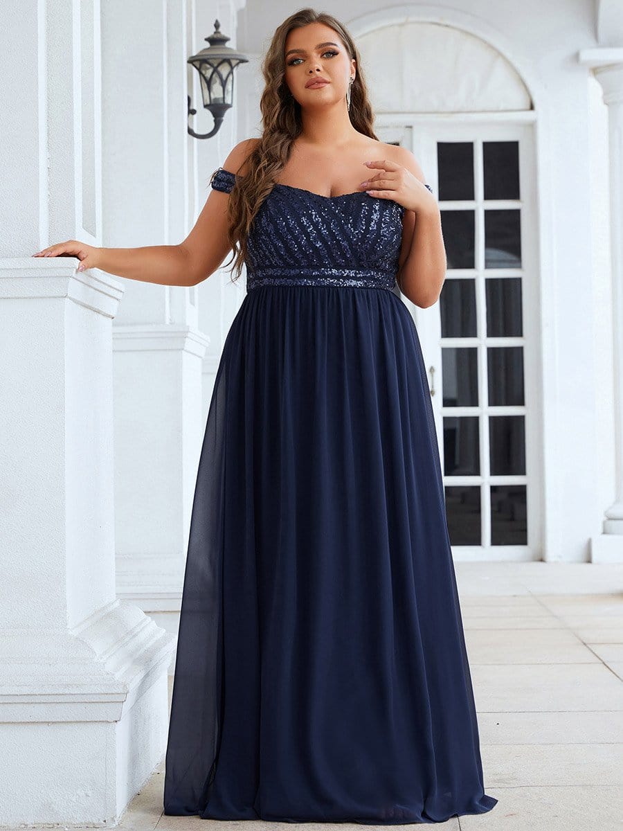 Plus Size Striped Sequin Sweetheart Floor-Length Evening Dress #color_Navy Blue 