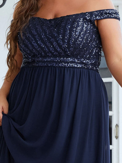 Plus Size Striped Sequin Sweetheart Floor-Length Evening Dress #color_Navy Blue 