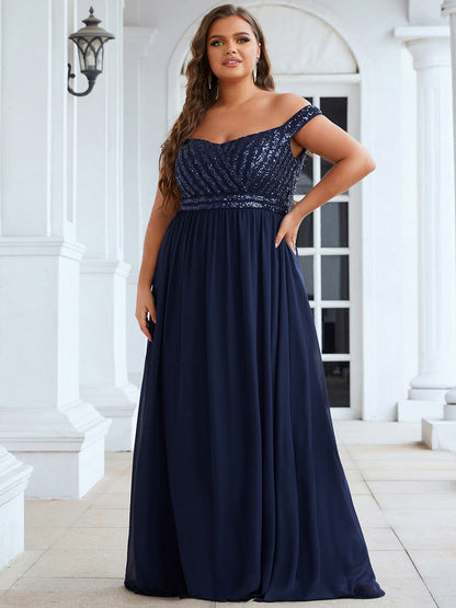 Striped Sequin Sweetheart Floor-Length Evening Dress #color_Navy Blue 