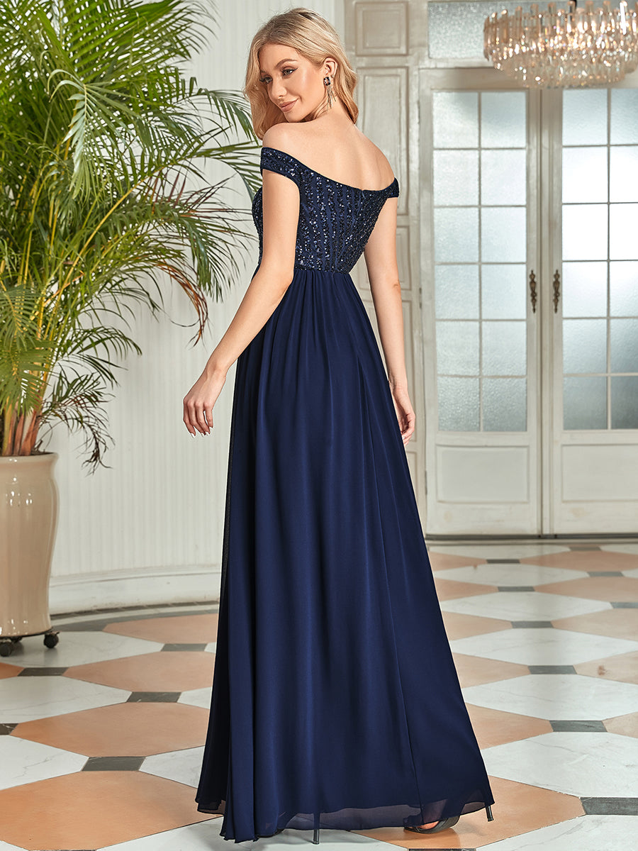 Striped Sequin Sweetheart Floor-Length Evening Dress #color_Navy Blue 