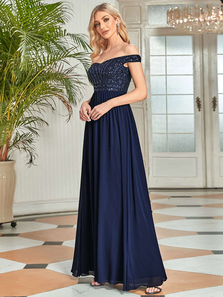 Striped Sequin Sweetheart Floor-Length Evening Dress #color_Navy Blue 