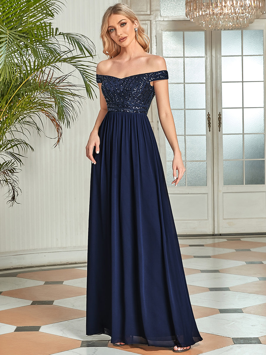 Striped Sequin Sweetheart Floor-Length Evening Dress #color_Navy Blue 