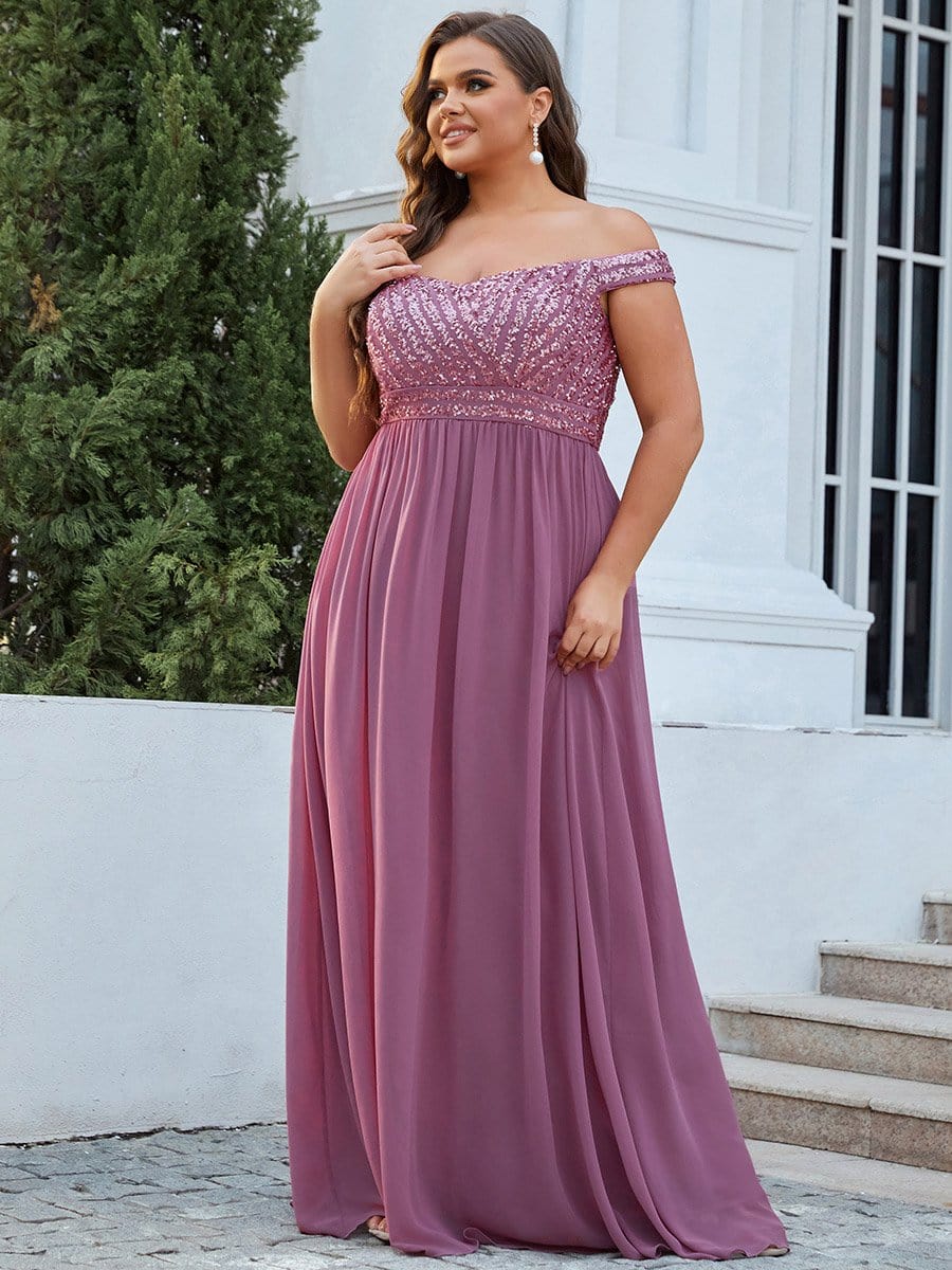 Plus Size Striped Sequin Sweetheart Floor-Length Evening Dress #color_Purple Orchid 