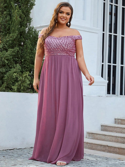 Plus Size Striped Sequin Sweetheart Floor-Length Evening Dress #color_Purple Orchid 