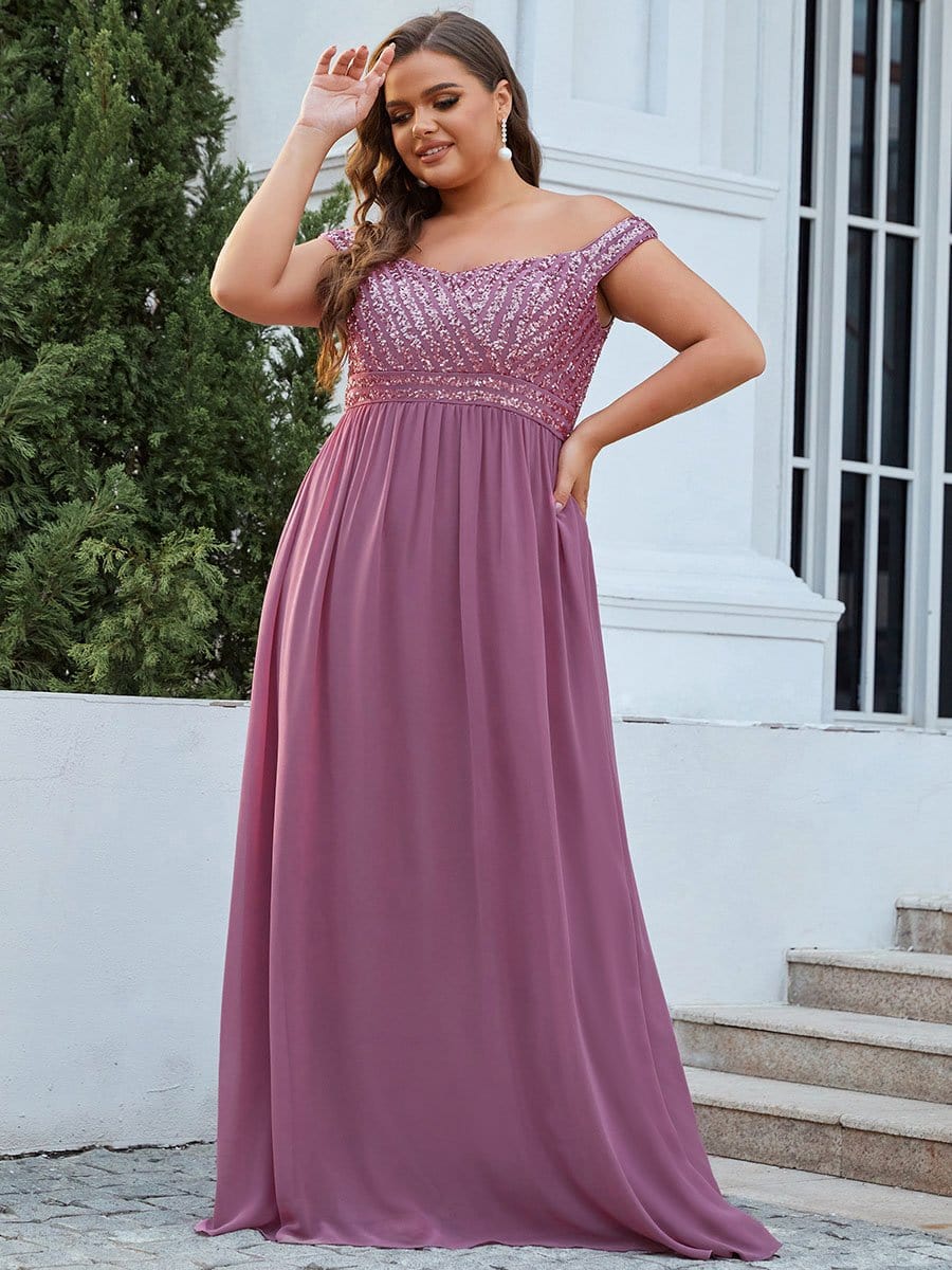 Striped Sequin Sweetheart Floor-Length Evening Dress #color_Purple Orchid 