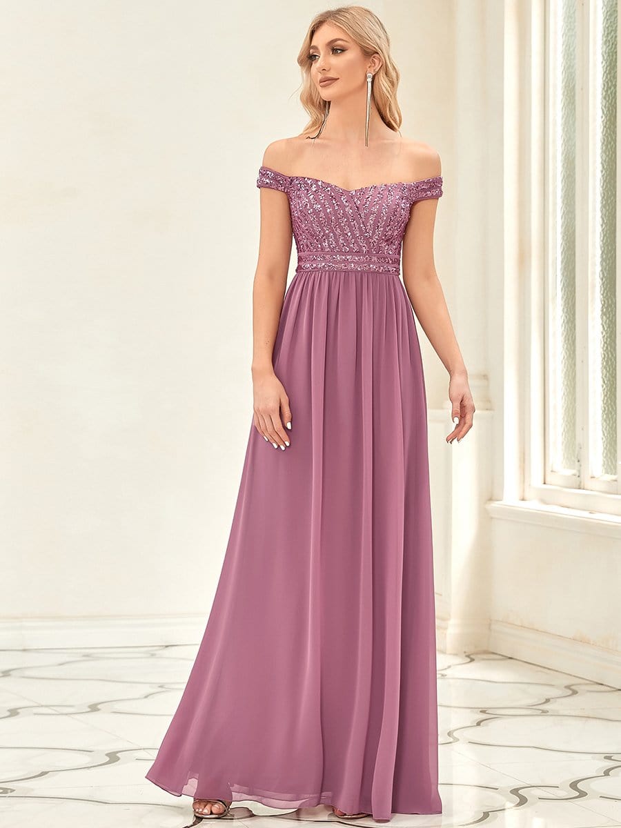 Striped Sequin Sweetheart Floor-Length Evening Dress #color_Purple Orchid 