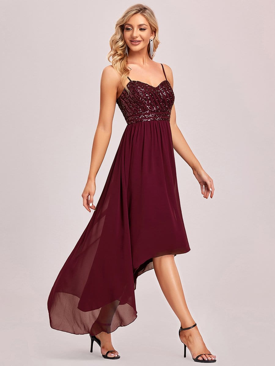 Asymmetrical Hemline Ethereal Evening Dress #color_Burgundy 