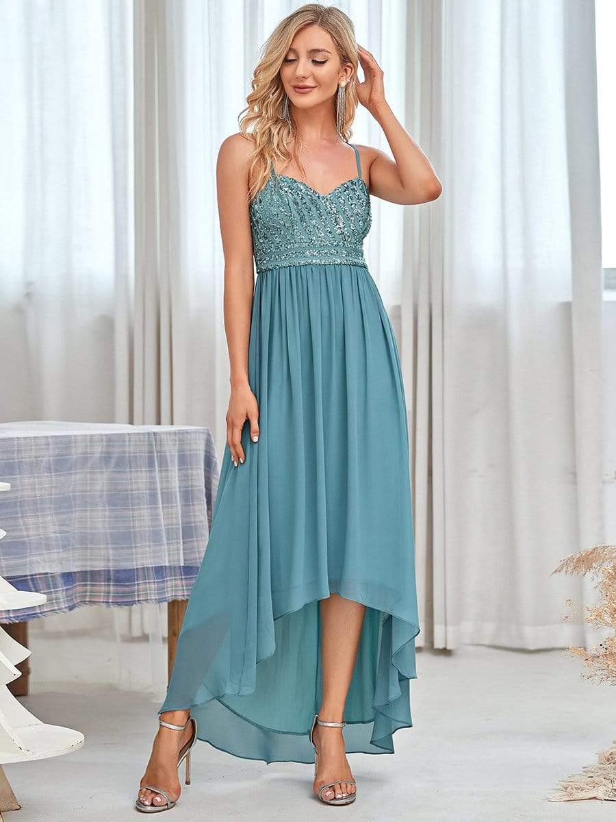 Asymmetrical Hemline Ethereal Evening Dress #color_Dusty blue 