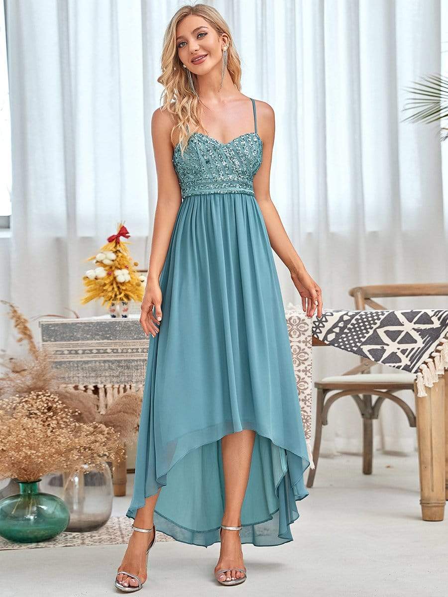 Asymmetrical Hemline Ethereal Evening Dress #color_Dusty blue 