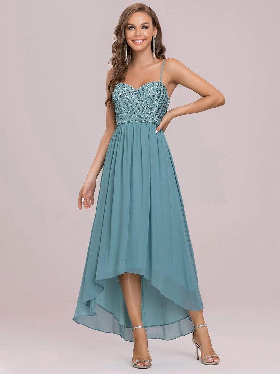 Asymmetrical Hemline Ethereal Evening Dress #color_Dusty blue 