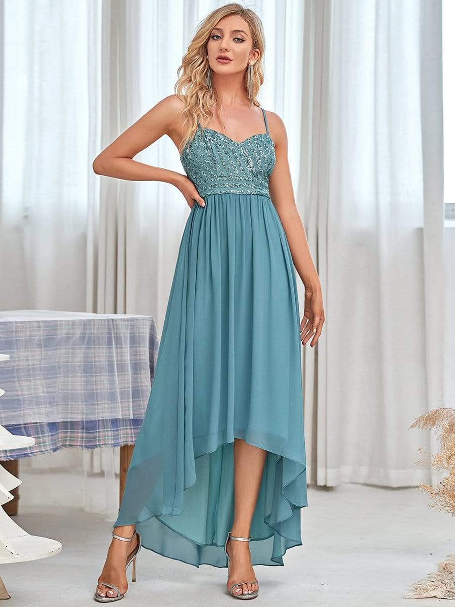 Asymmetrical Hemline Ethereal Evening Dress #color_Dusty blue 