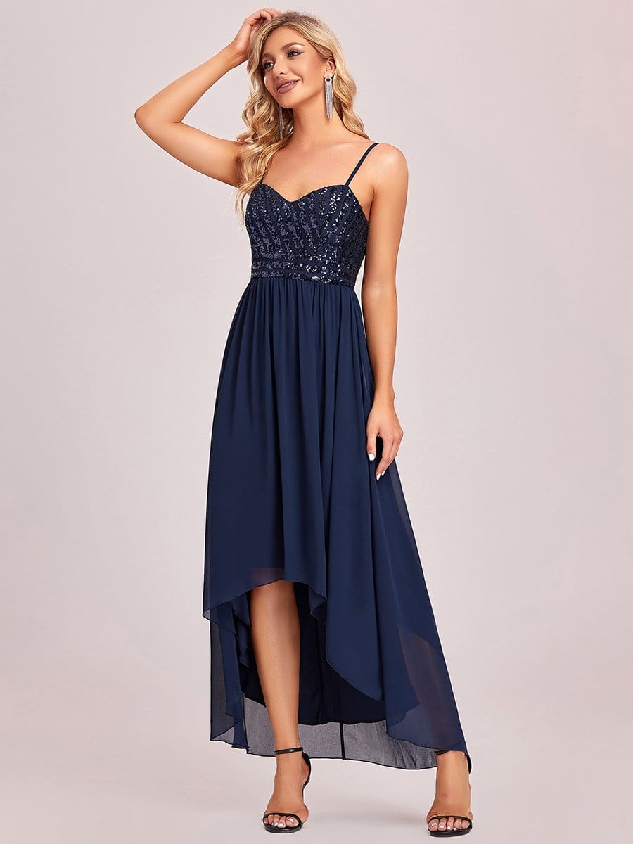 Asymmetrical Hemline Ethereal Evening Dress #color_Navy Blue 