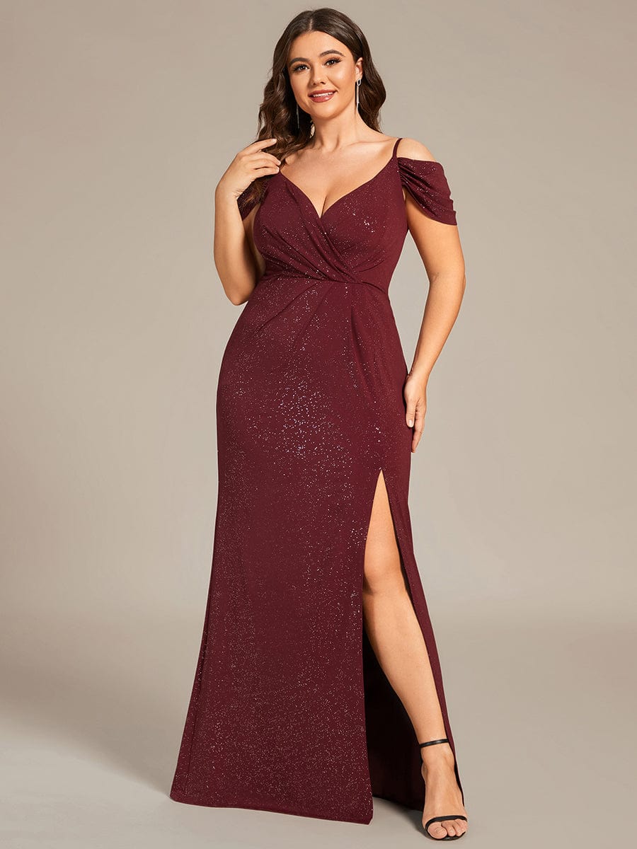 Plus Size V-Neck Cold Shoulder Floor-Length Evening Dress #color_Burgundy