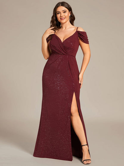 Plus Size Sexy High Slit Long Formal Evening Dresses #color_Burgundy 