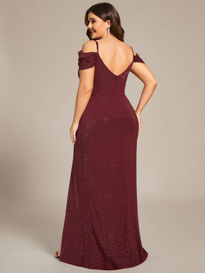 Plus Size V-Neck Cold Shoulder Floor-Length Evening Dress #color_Burgundy