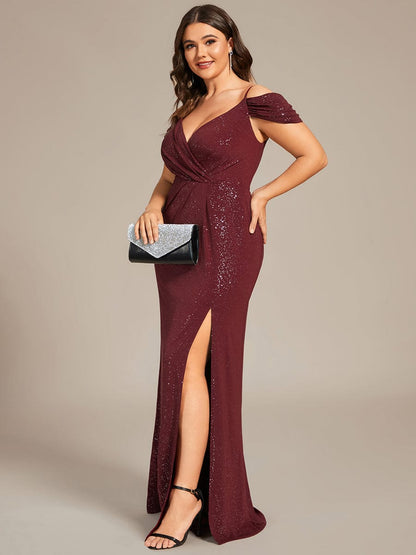 Plus Size Sexy High Slit Long Formal Evening Dresses #color_Burgundy 