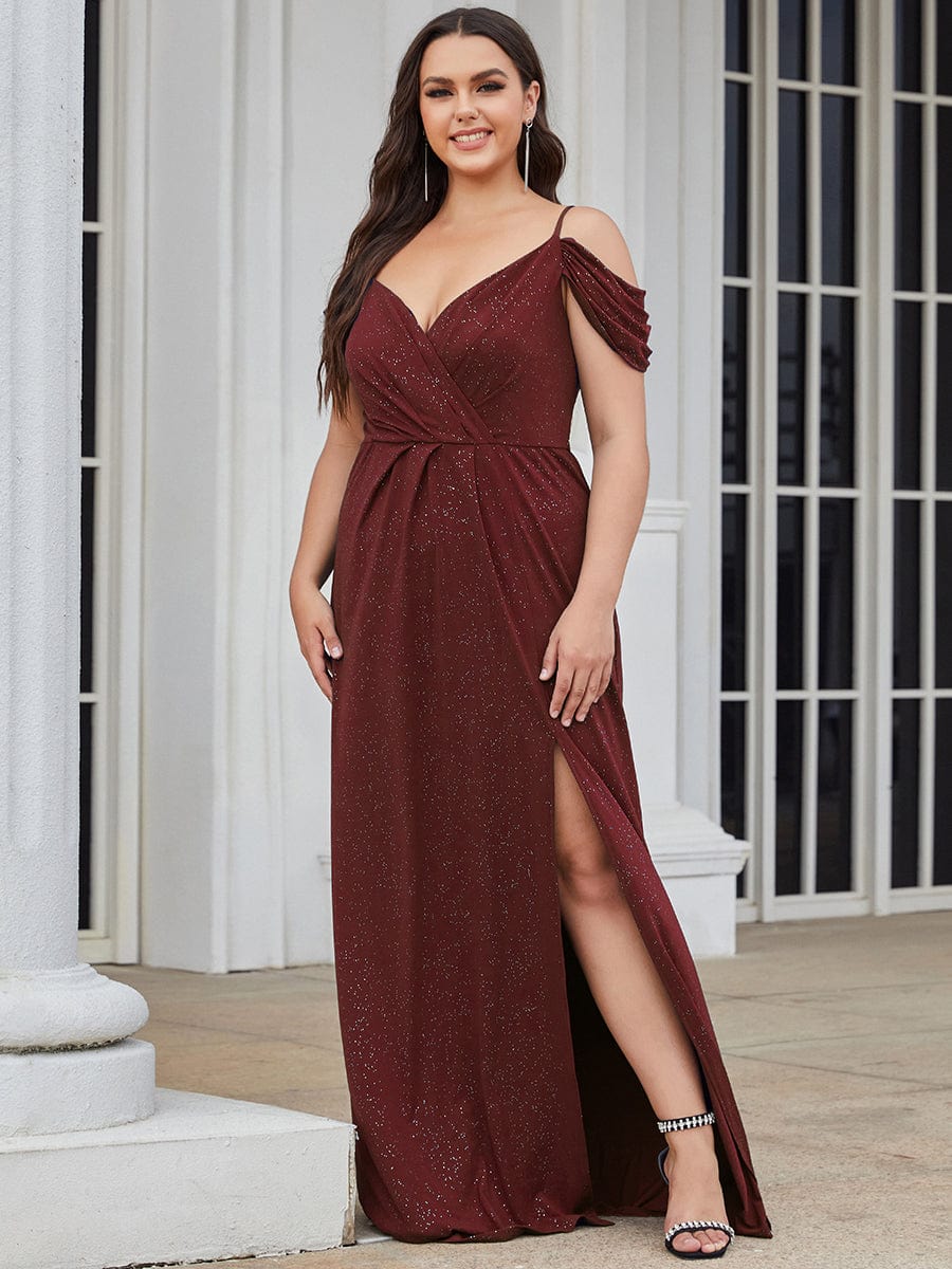 V-Neck Cold Shoulder Floor-Length Evening Dress #color_Burgundy 