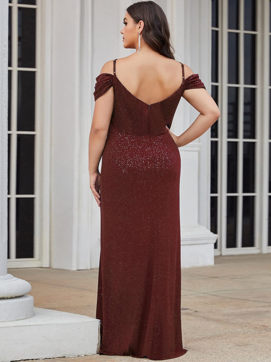 V-Neck Cold Shoulder Floor-Length Evening Dress #color_Burgundy 