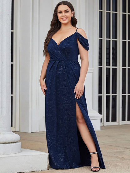 V-Neck Cold Shoulder Floor-Length Evening Dress #color_Navy Blue 