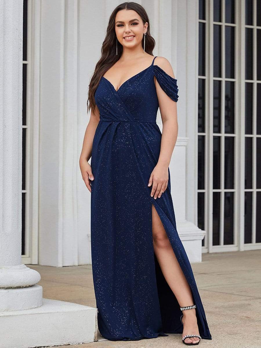 Plus Size V-Neck Cold Shoulder Floor-Length Evening Dress #color_Navy Blue 