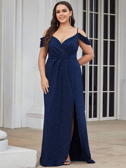 Plus Size V-Neck Cold Shoulder Floor-Length Evening Dress #color_Navy Blue 