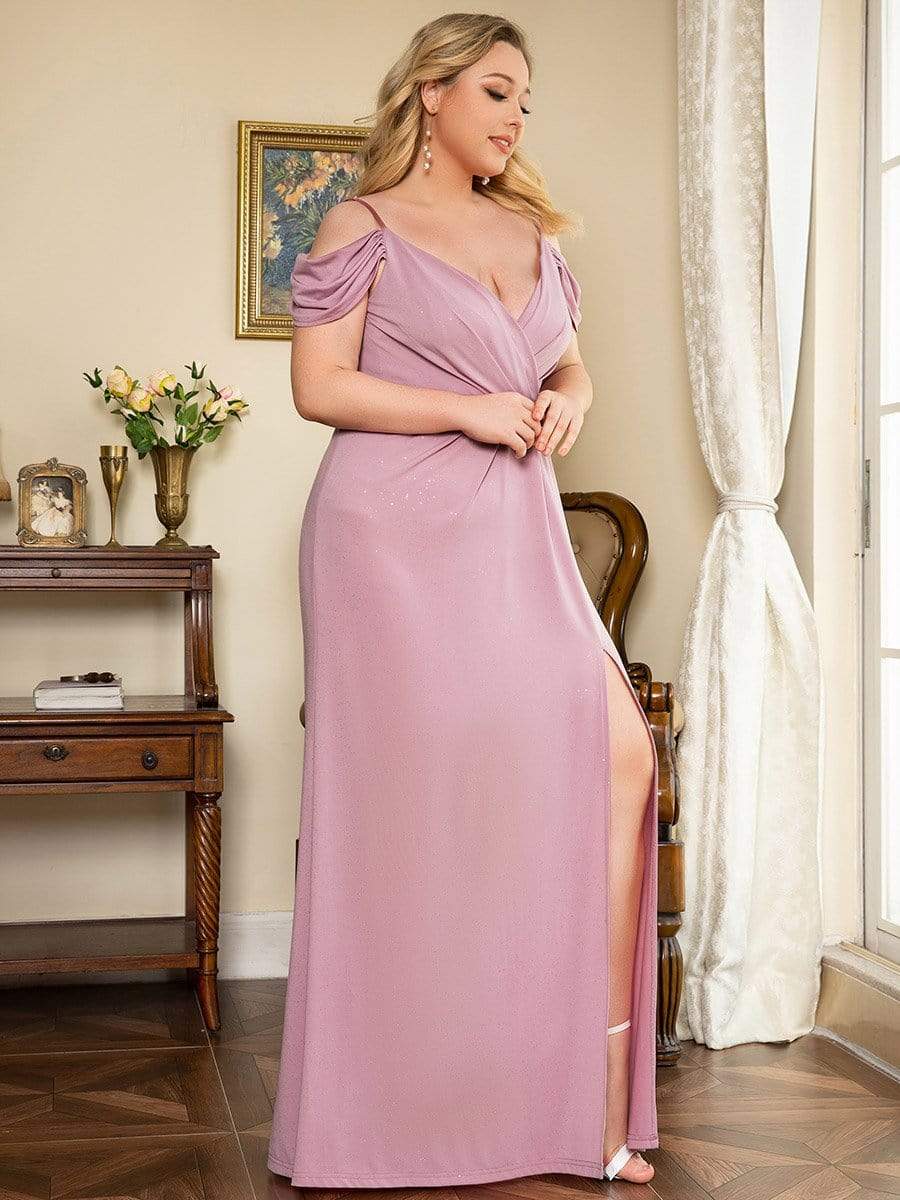 Plus Size V-Neck Cold Shoulder Floor-Length Evening Dress #color_Purple Orchid 