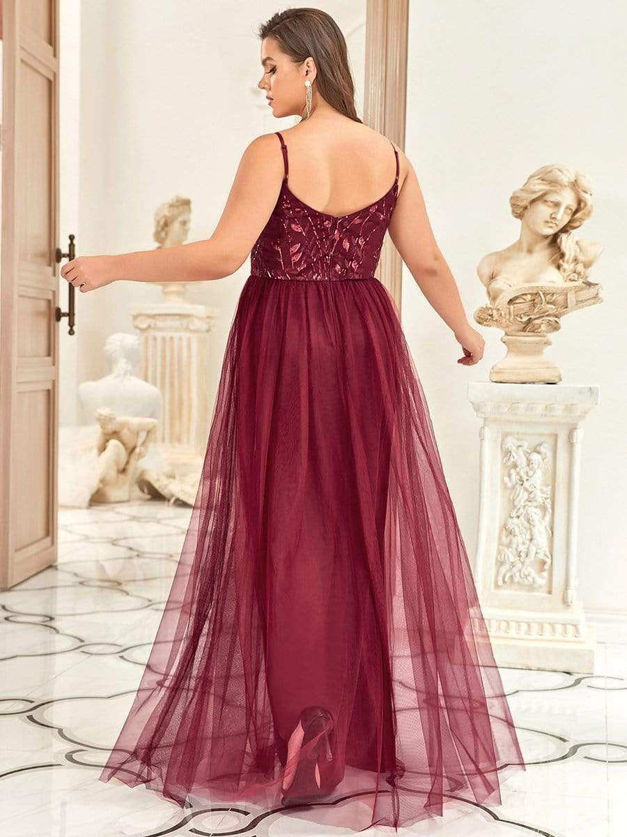 Plus Size Soft Spaghetti Straps V-Neck Embroidery Evening Dress #color_Burgundy 