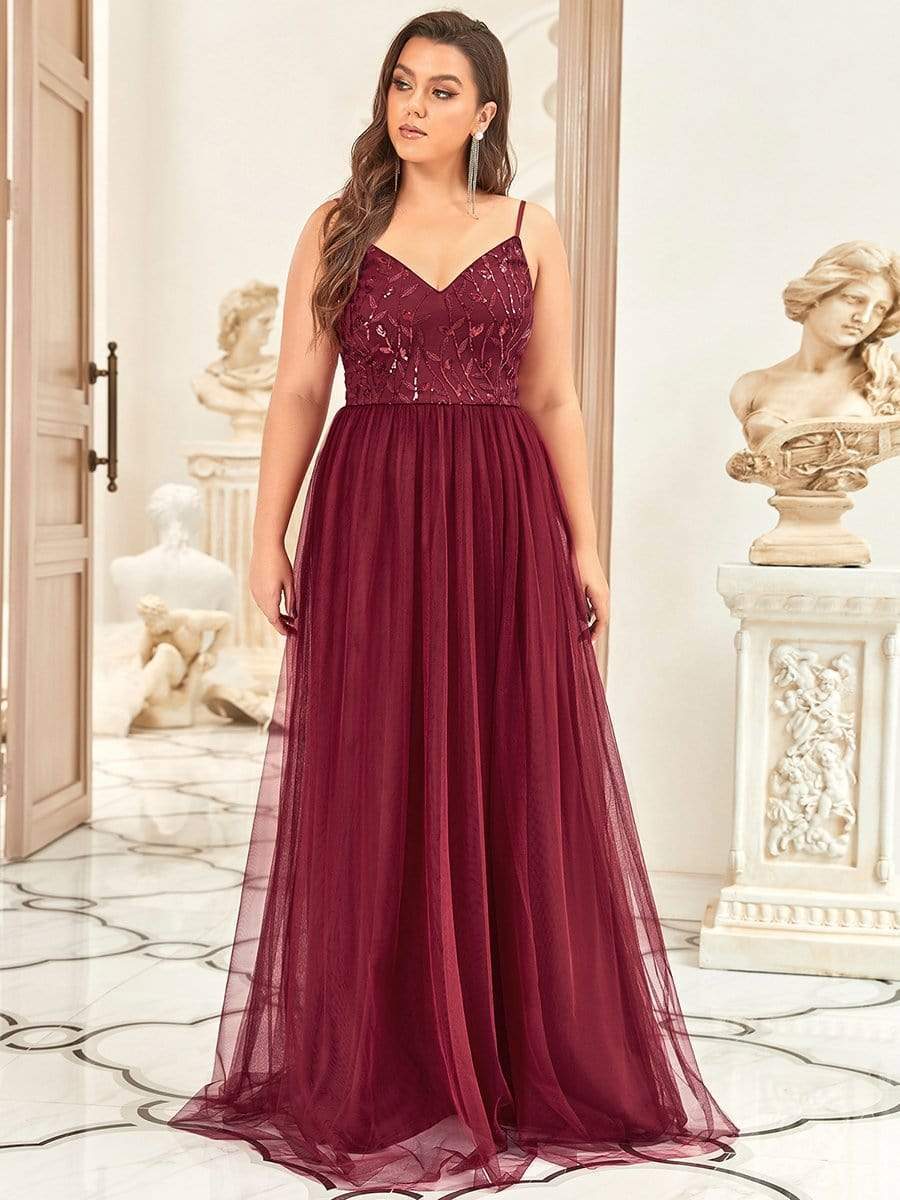 Plus Size Soft Spaghetti Straps V-Neck Embroidery Evening Dress #color_Burgundy 