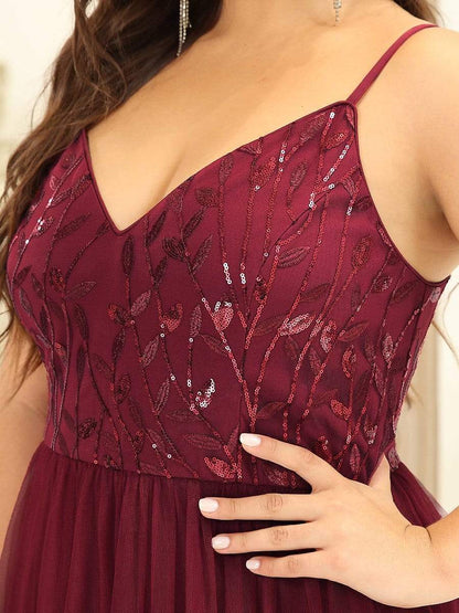 Plus Size Soft Spaghetti Straps V-Neck Embroidery Evening Dress #color_Burgundy 