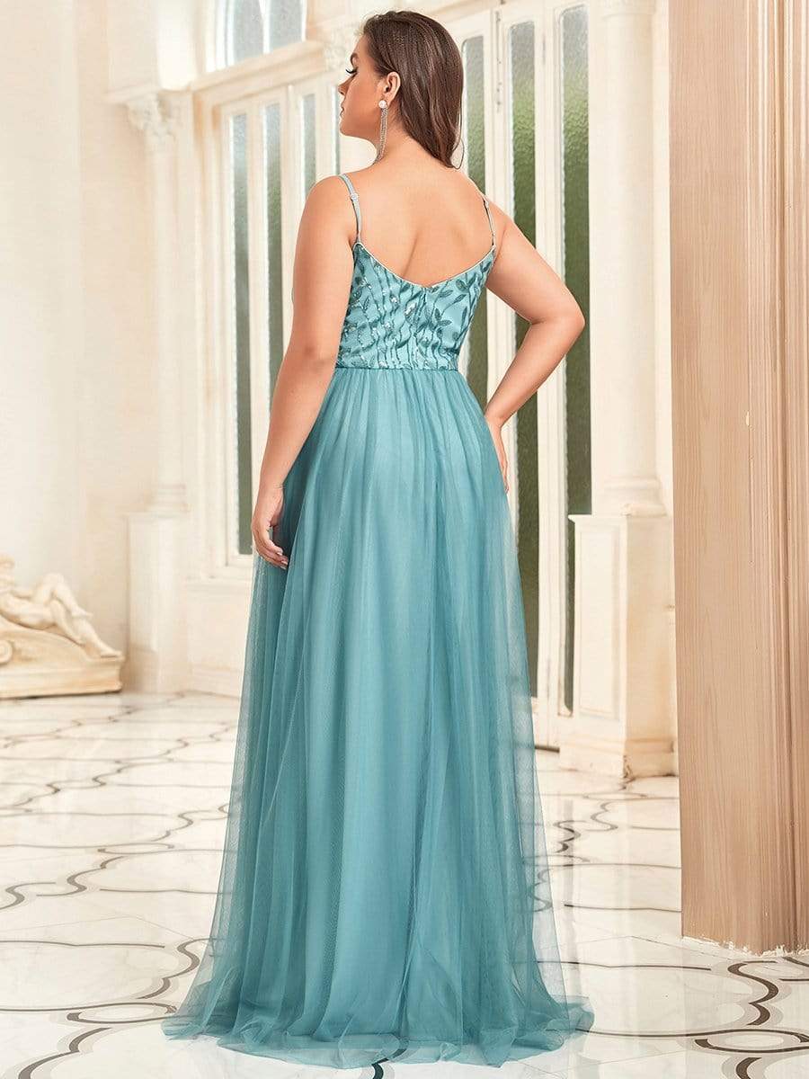 Plus Size Soft Spaghetti Straps V-Neck Embroidery Evening Dress #color_Dusty Blue 