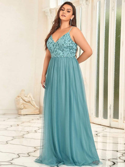 Plus Size Soft Spaghetti Straps V-Neck Embroidery Evening Dress #color_Dusty Blue 