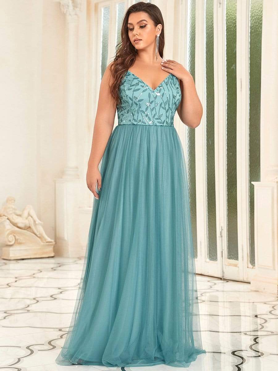 Plus Size Soft Spaghetti Straps V-Neck Embroidery Evening Dress #color_Dusty Blue 