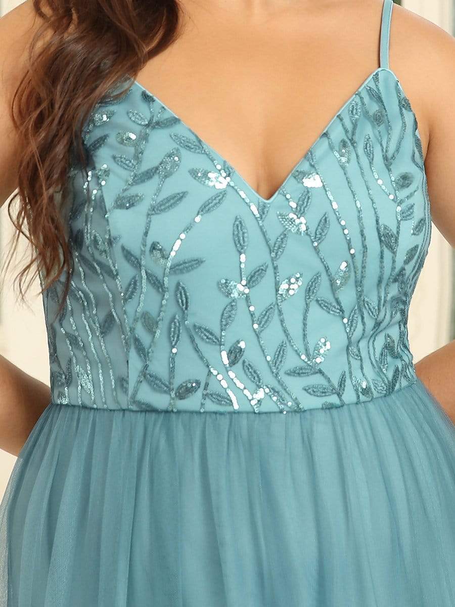 Plus Size Soft Spaghetti Straps V-Neck Embroidery Evening Dress #color_Dusty Blue 