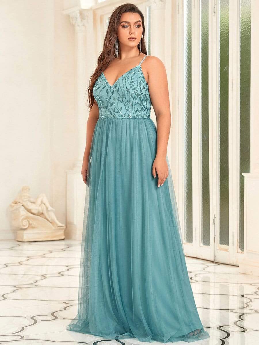 Plus Size Soft Spaghetti Straps V-Neck Embroidery Evening Dress #color_Dusty Blue 