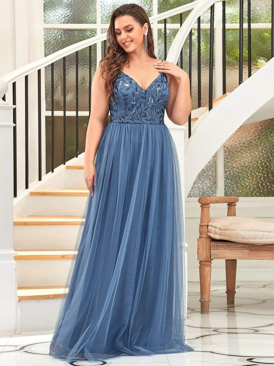 Plus Size Soft Spaghetti Straps V-Neck Embroidery Evening Dress #color_Dusty Navy 