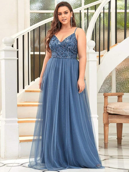 Plus Size Soft Spaghetti Straps V-Neck Embroidery Evening Dress #color_Dusty Navy 