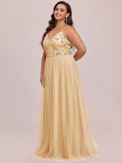 Plus Size Soft Spaghetti Straps V-Neck Embroidery Evening Dress #color_Gold 