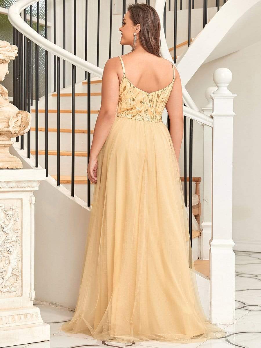 Plus Size Soft Spaghetti Straps V-Neck Embroidery Evening Dress #color_Gold 