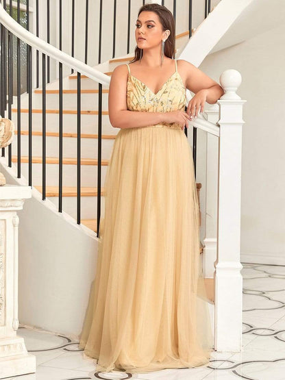 Plus Size Soft Spaghetti Straps V-Neck Embroidery Evening Dress #color_Gold 