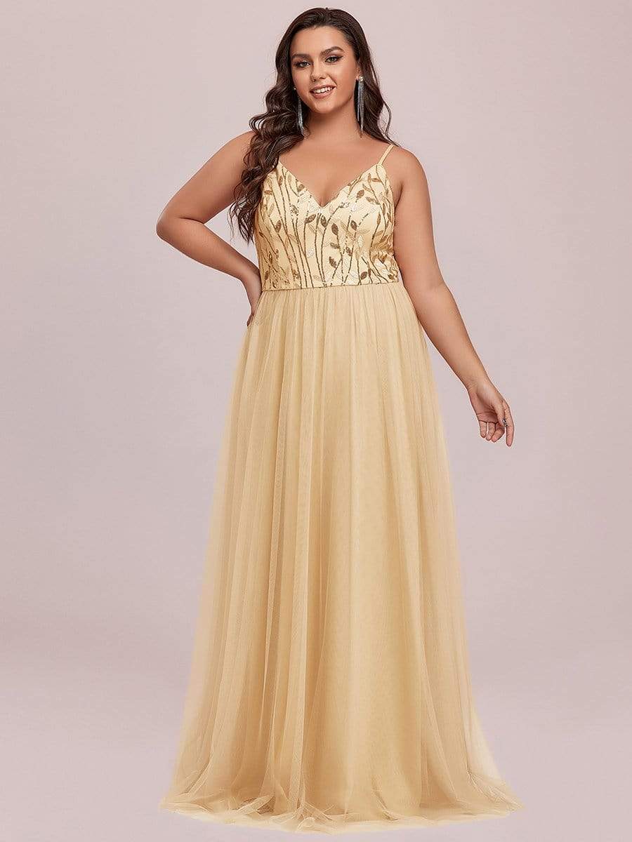 Plus Size Soft Spaghetti Straps V-Neck Embroidery Evening Dress #color_Gold 