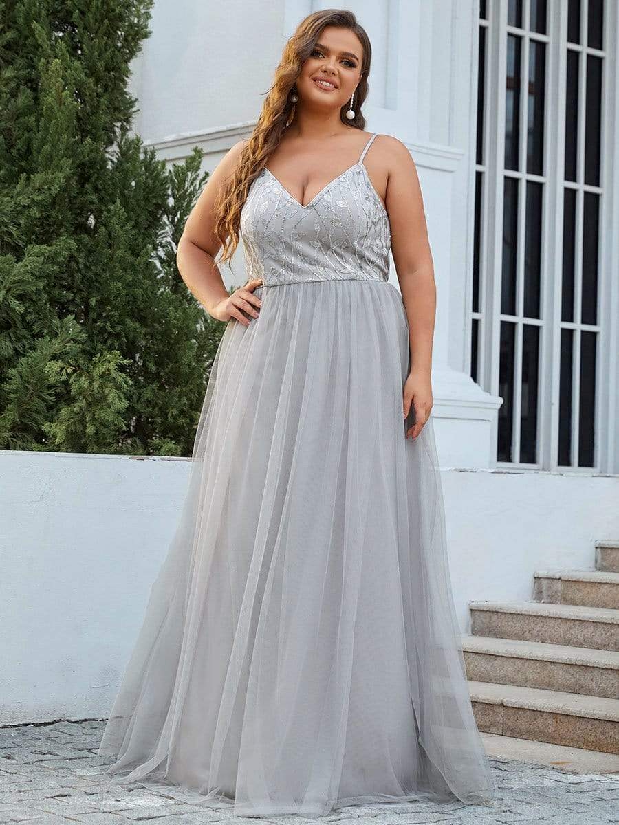 Plus Size Soft Spaghetti Straps V-Neck Embroidery Evening Dress #color_Grey 