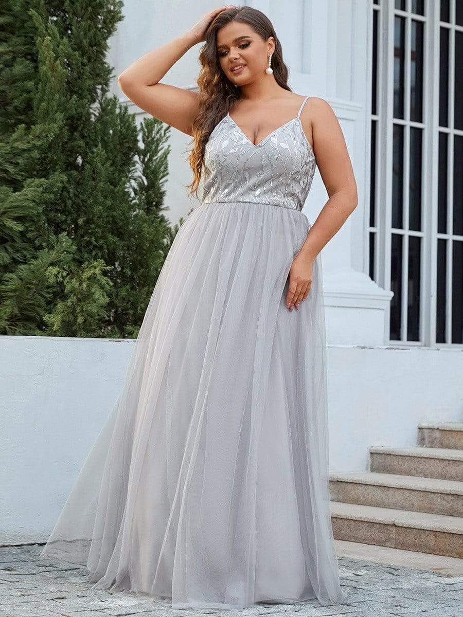 Plus Size Soft Spaghetti Straps V-Neck Embroidery Evening Dress #color_Grey 