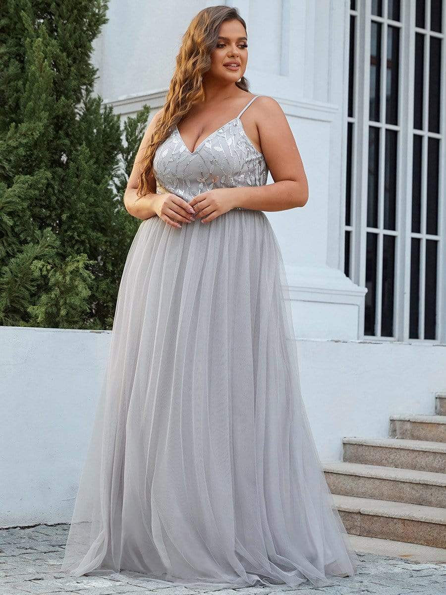 Plus Size Soft Spaghetti Straps V-Neck Embroidery Evening Dress #color_Grey 