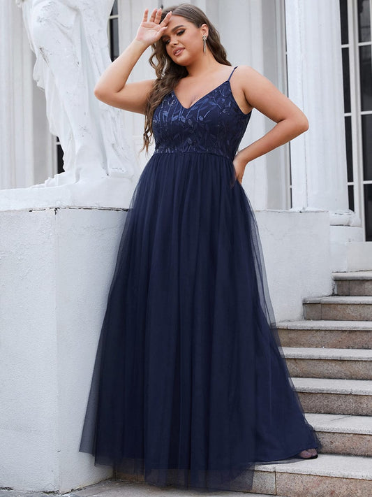 Custom Size Soft Spaghetti Straps V-Neck Embroidery Evening Dress #color_Navy Blue